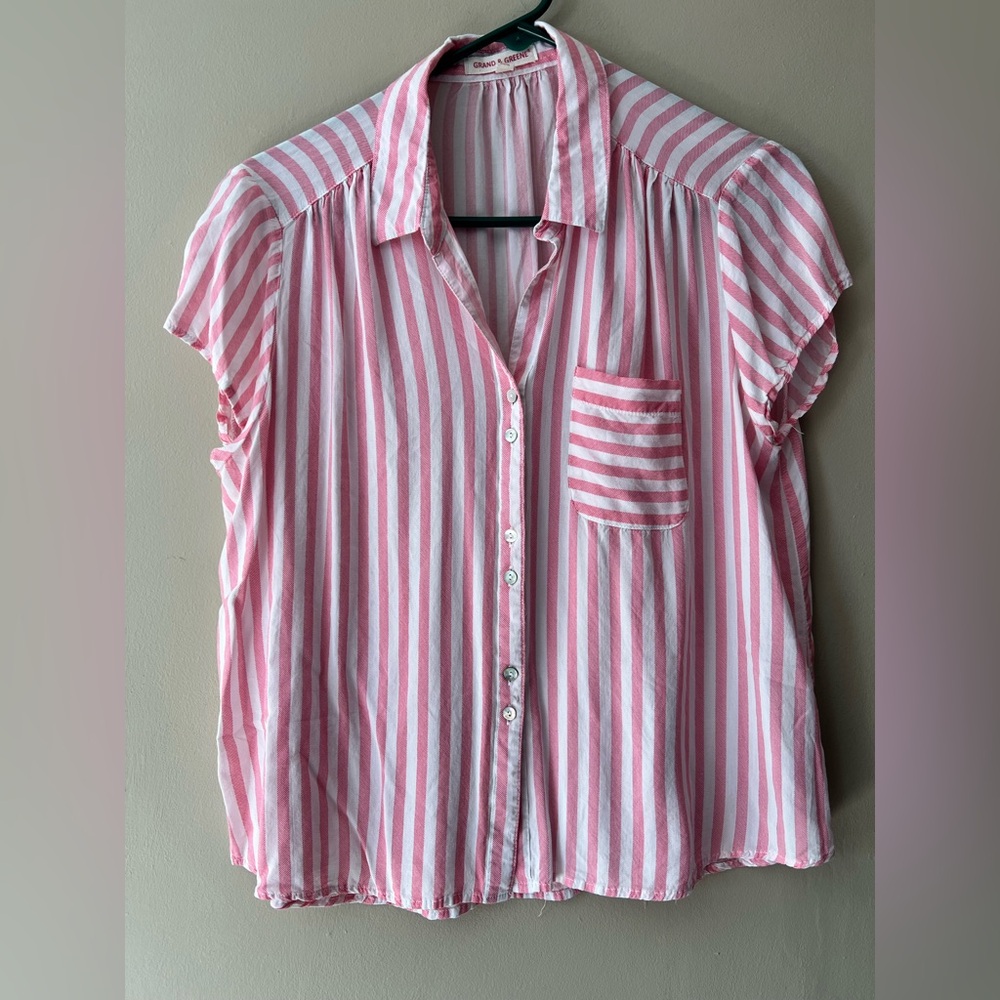 Grand & Greene  pink and white vertical striped button down short sleeve blouse.